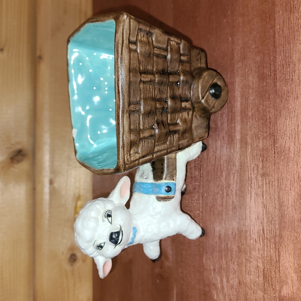 Vintage Lamb Pulling Cart Planter Pot Vase or Trinket Dish Ceramic Arts Signed